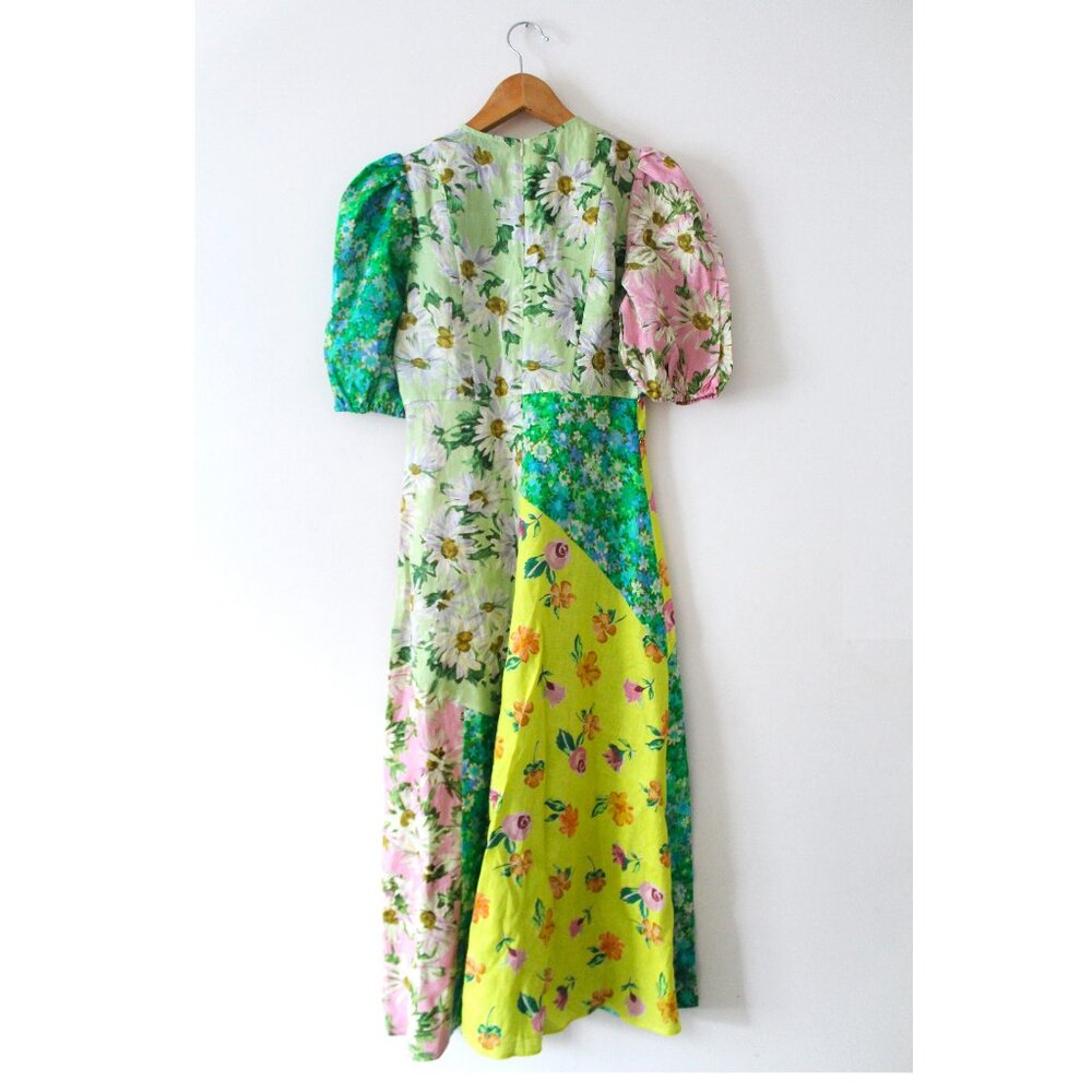 ALÉMAIS Kenzie Patchwork Printed Linen Midi Dress / Size 4 / Multi Floral - Picture 4 of 6